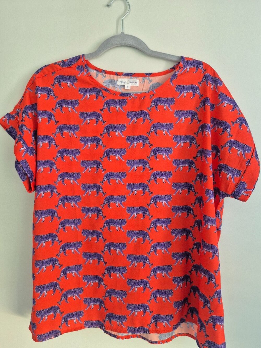 Stewart Simmons Orange Tiger Print Top – Bold Boutique Graphic – Size L